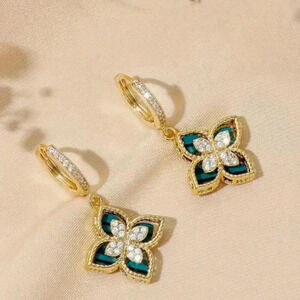 Gold Tone - with Green & clear Rhinestones inlaid - Flower design on a hoop drop